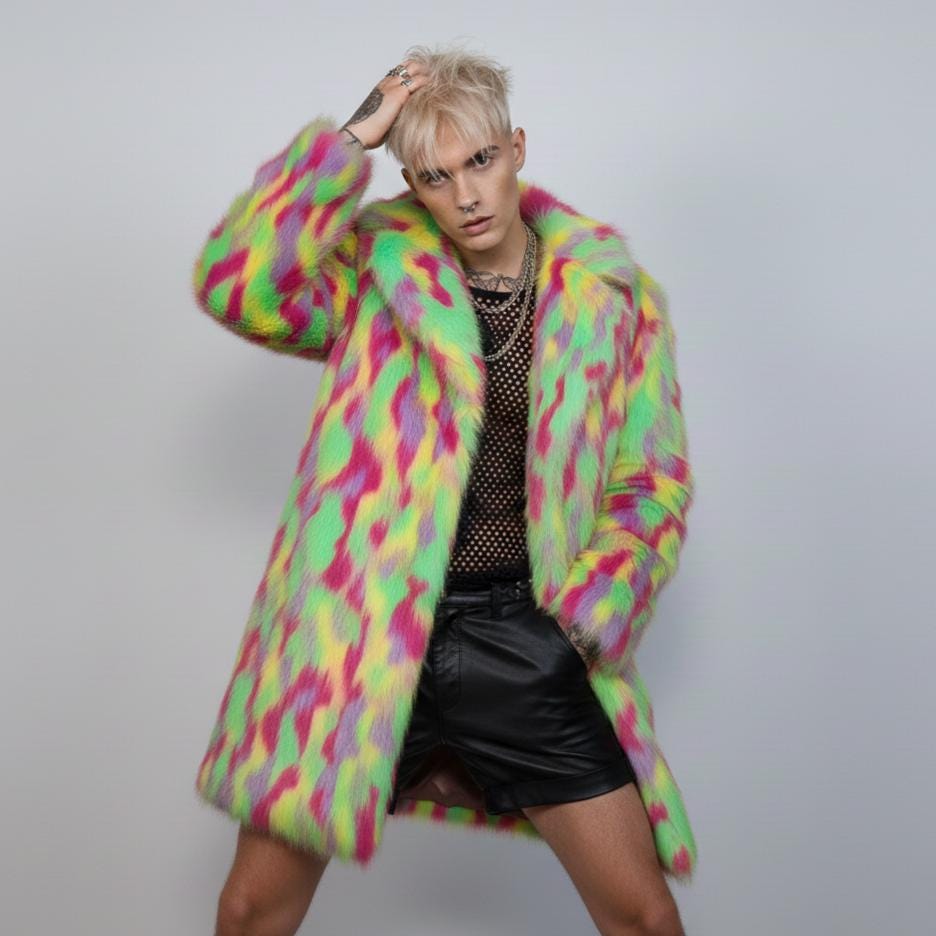 Neon Green Faux Fur Trench, Mens Rave Festival Jacket, Shaggy 90s