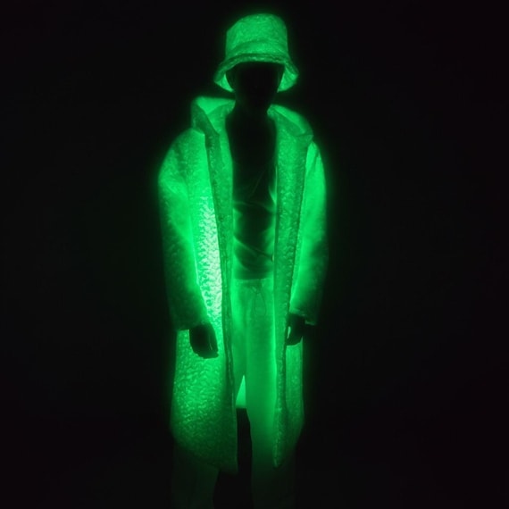Glow in the Dark Phosphorus Rave Jacket, UV Reactive Hooded Parka, Neon Techno Festival Outerwear, Cyberpunk EDM Statement Coat, Unisex