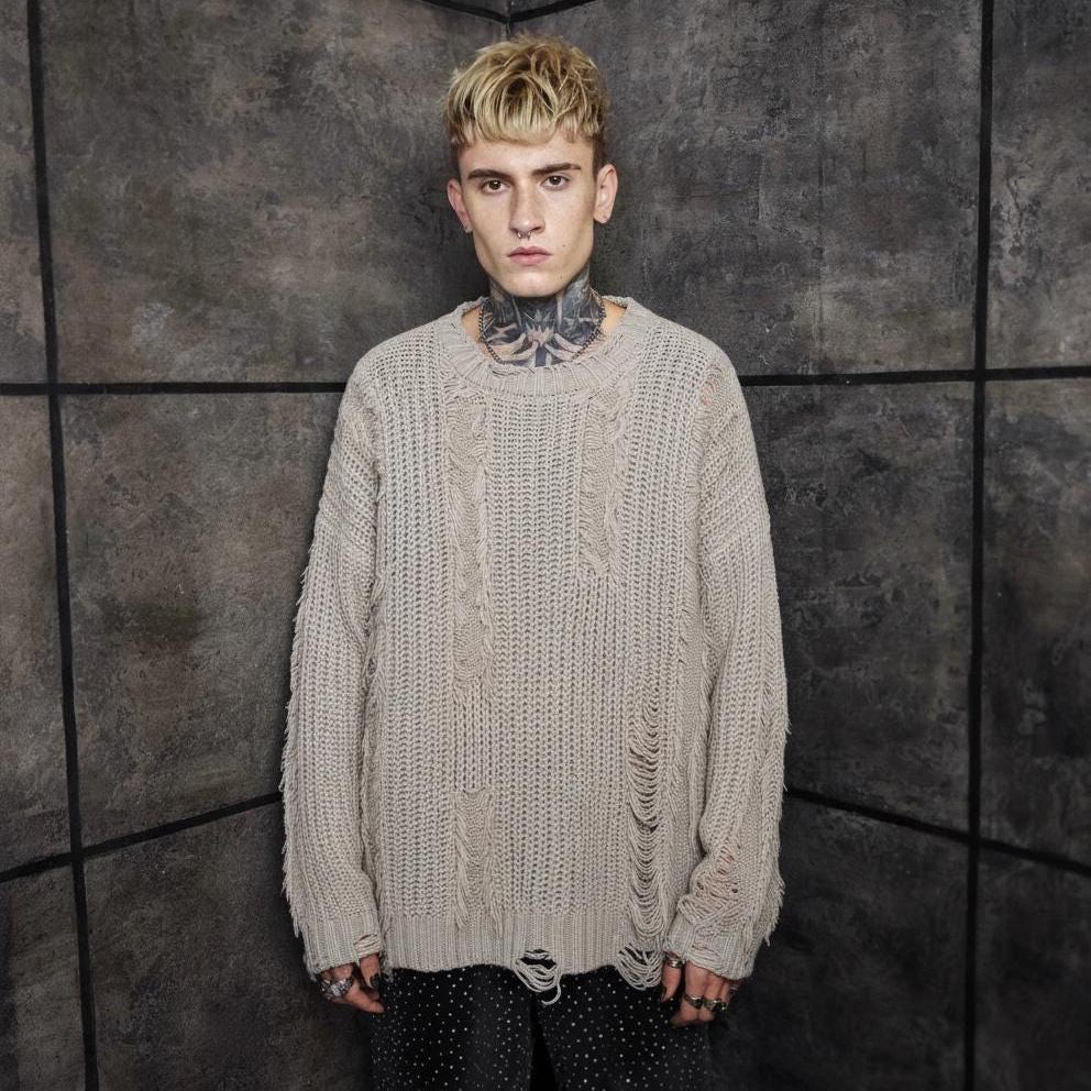 Acid Green Ripped Knit Sweater, Distressed Shredded Jumper, Toxic