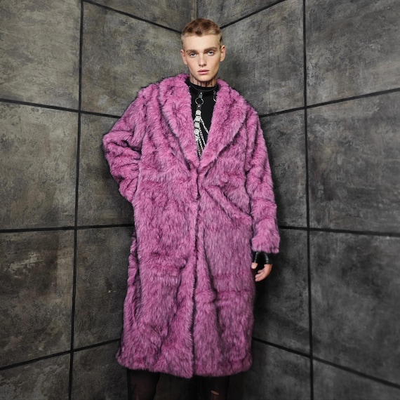 Pink Faux Fur Coat Oil Wash 90s Trench Rave Bomber Fluffy Dirty
