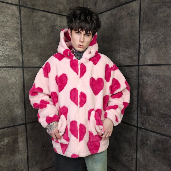 Pink Heart Fleece Jacket, Oversized Mens Hoodie, Harajuku