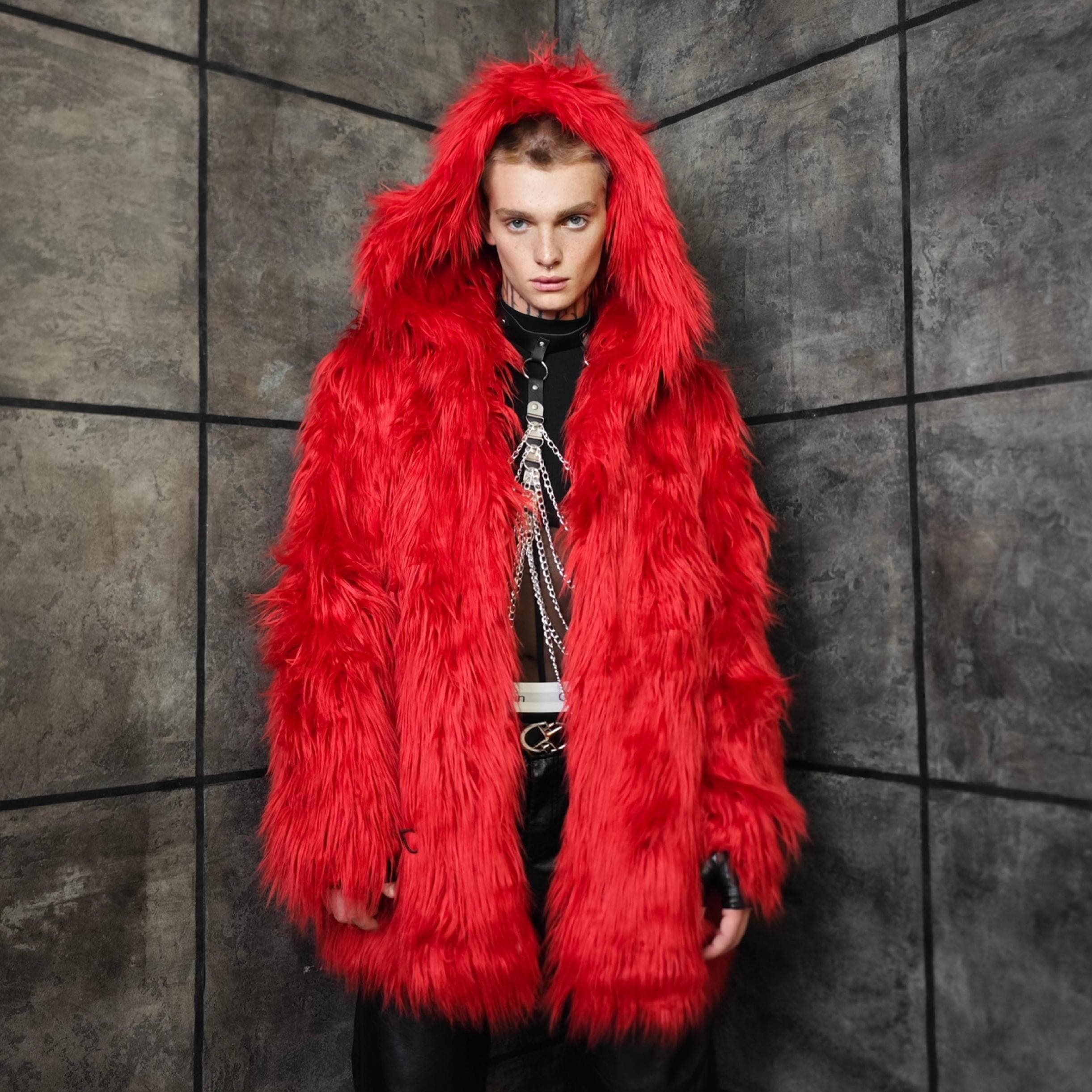 Shaggy Red Faux Fur Hooded Coat, Luminous Rave Bomber, Fluffy