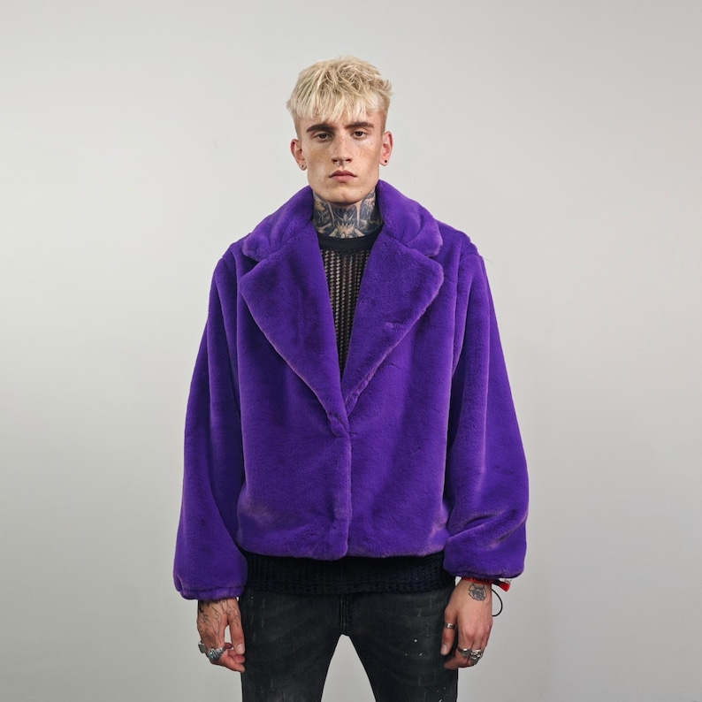 Short faux fur coat purple soft fleece trench luxury crop jacket detachable sleeves handmade pattern party overcoat fluffy festival set