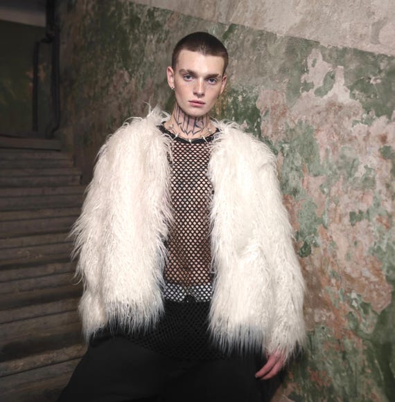 Shaggy Festival Collarless Coat White Fuzzy Cropped Trench Faux 
