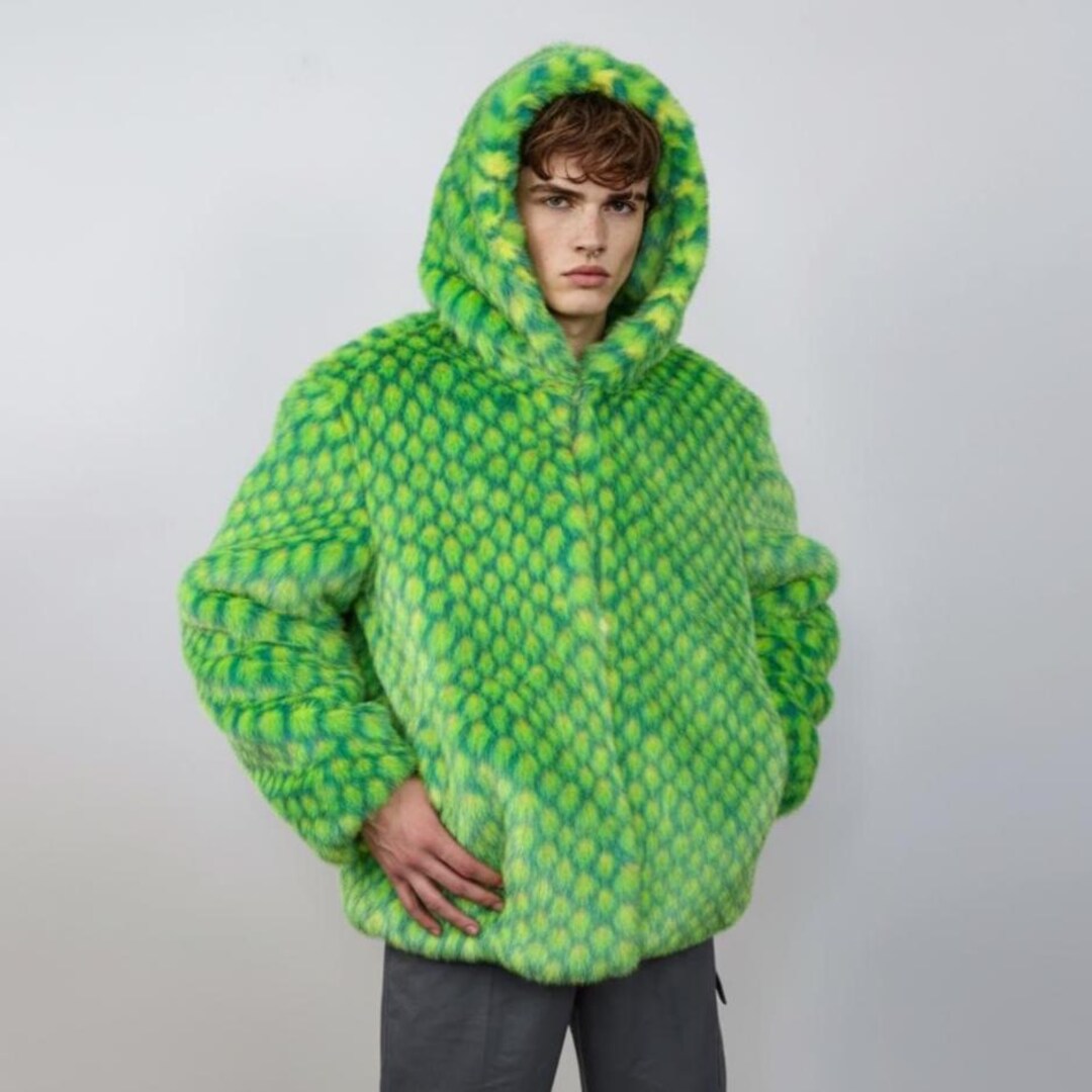 Hooded Checked Faux Fur Jacket, Green Geometric Mermaid Bomber