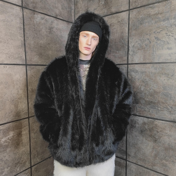 Black Faux Fur Hooded Bomber Edgy Fluffy Jacket Gothic Coat Fuzzy