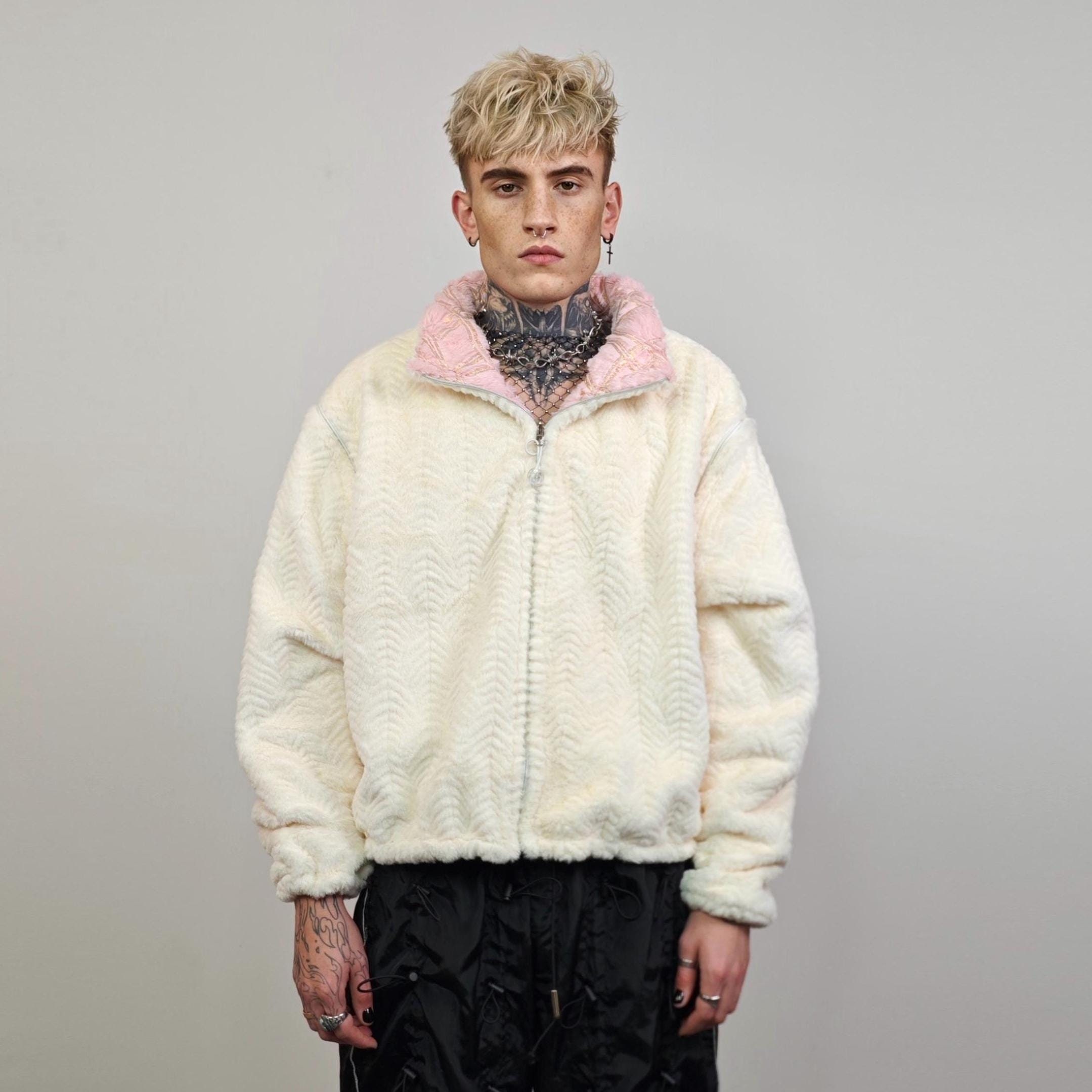 Cropped Fleece Track Jacket Beige Embellished Coat Reversible
