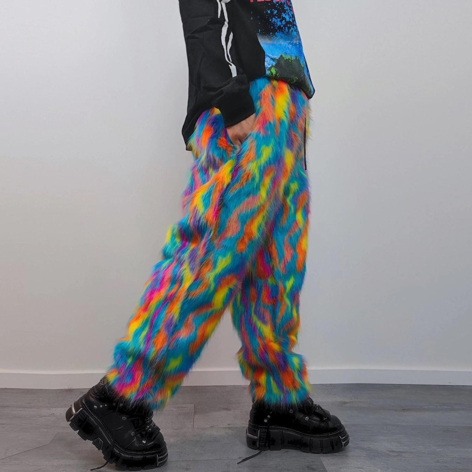 Psychedelic Faux Fur Trousers 70s Joggers Neon Playa Rave Pants