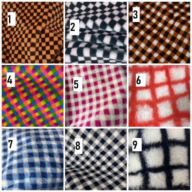 May include: Nine fabric samples with different checkered designs. The colour schemes include orange and black, black and white, brown and white, and a rainbow pattern. The fabrics have a soft, textured appearance, suitable for various textile projects.