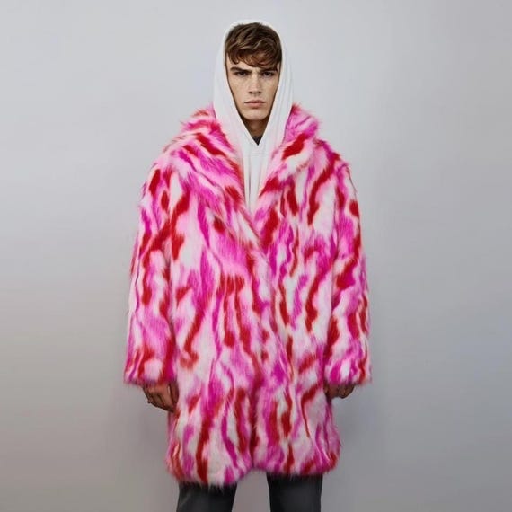 Pink Faux Fur Long Striped Coat, Red Zebra Trench, Neon Raver