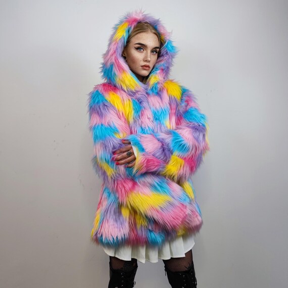 Cropped Rainbow Faux Fur Coat, Marshmallow Plush Festival Trench