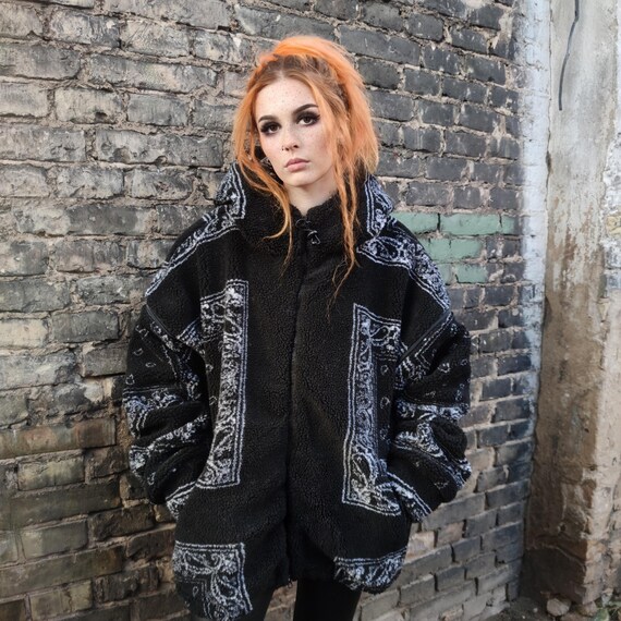 Bandana Hooded Jacket Black Fleece Paisley Detachable Sleeves