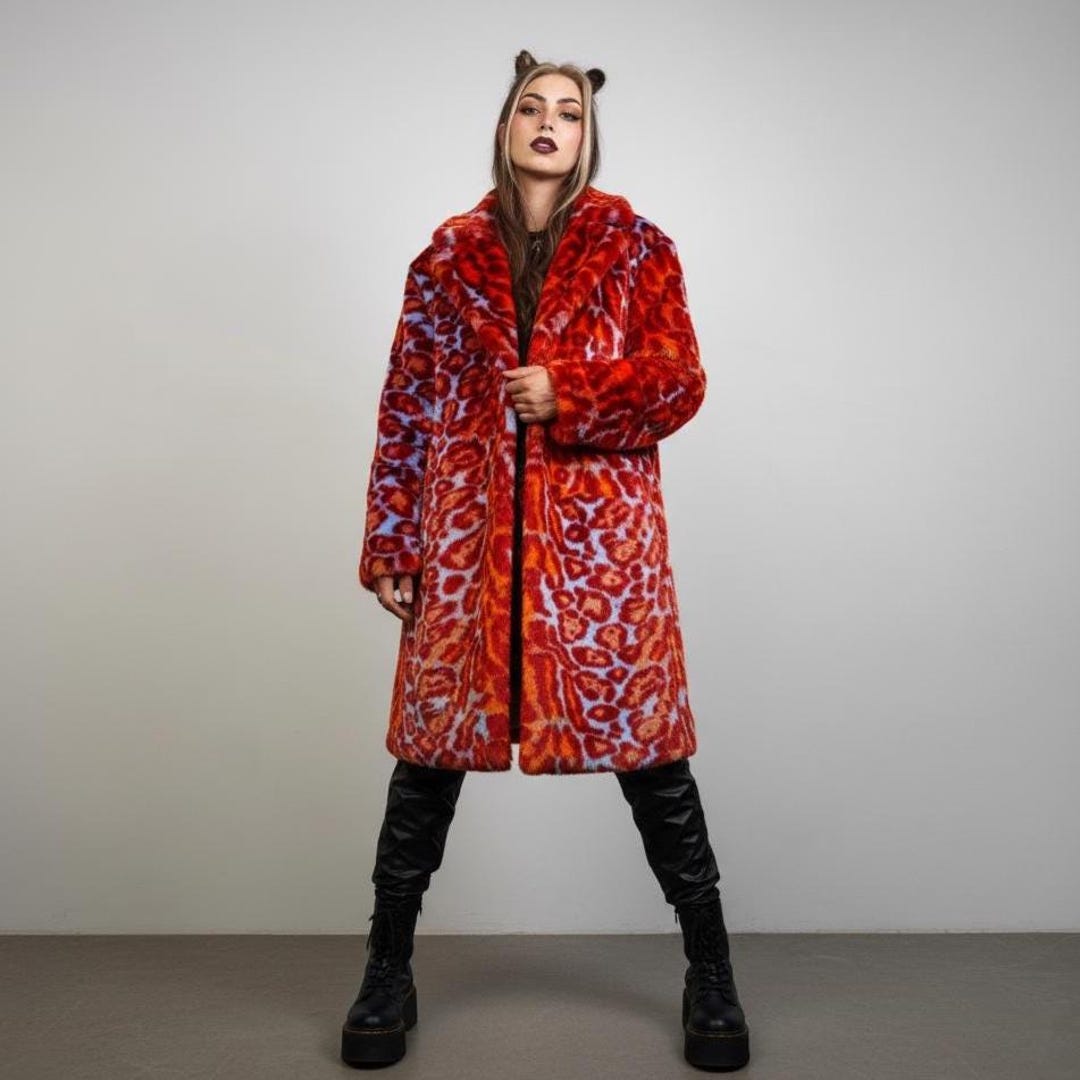 Red Neon Leopard Faux Fur Trench Coat, Long Furry Festival