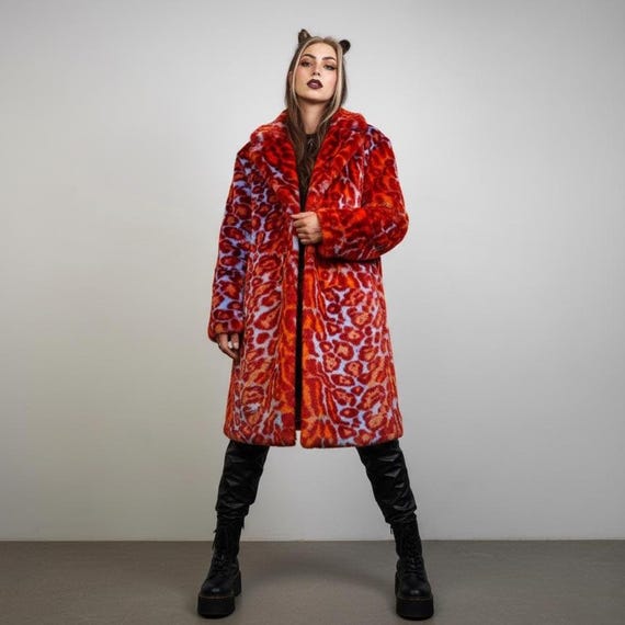 Red Neon Leopard Faux Fur Trench Coat, Long Furry Festival