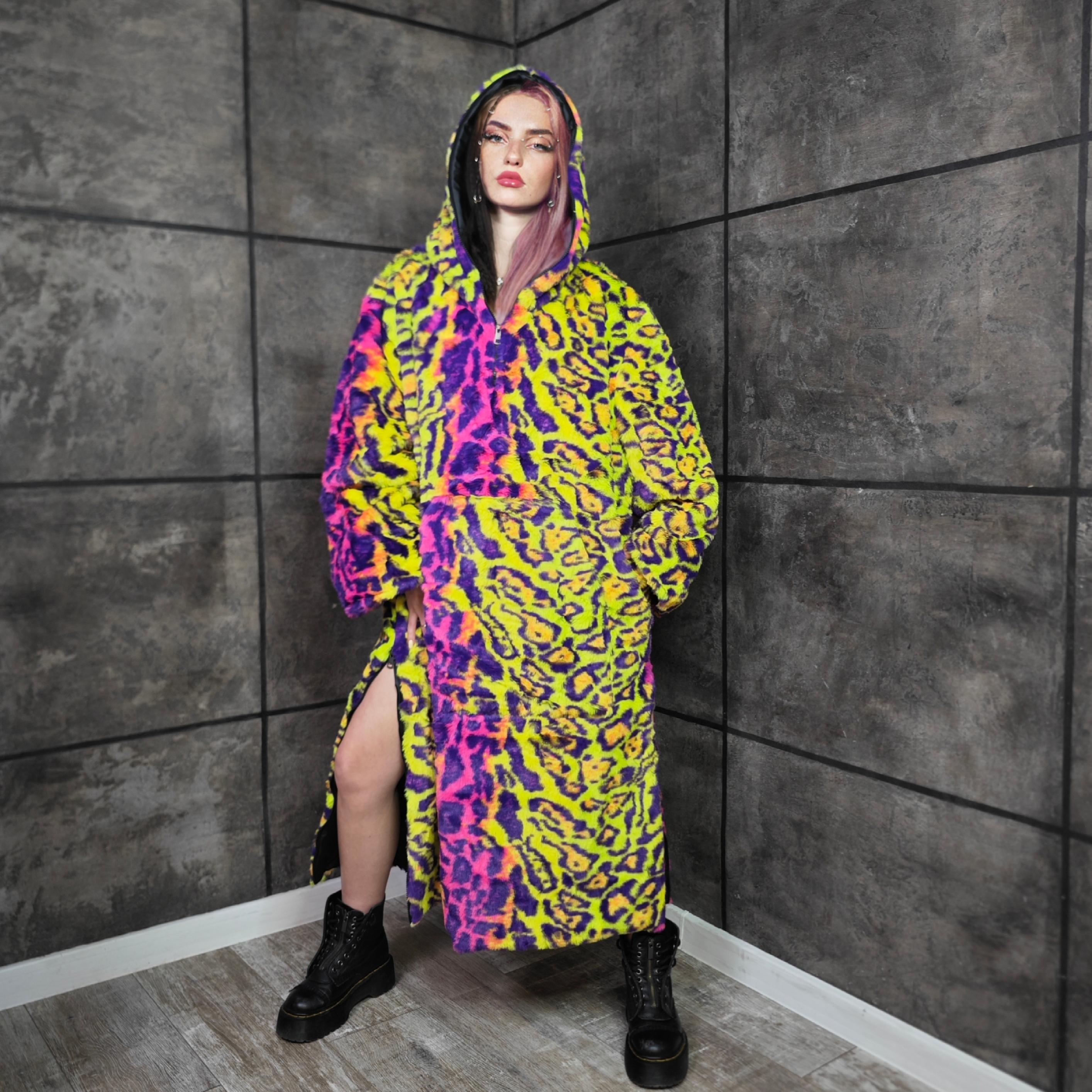 Neon Leopard Faux Fur Jumpsuit Oversized Hooded Burner Coat Green