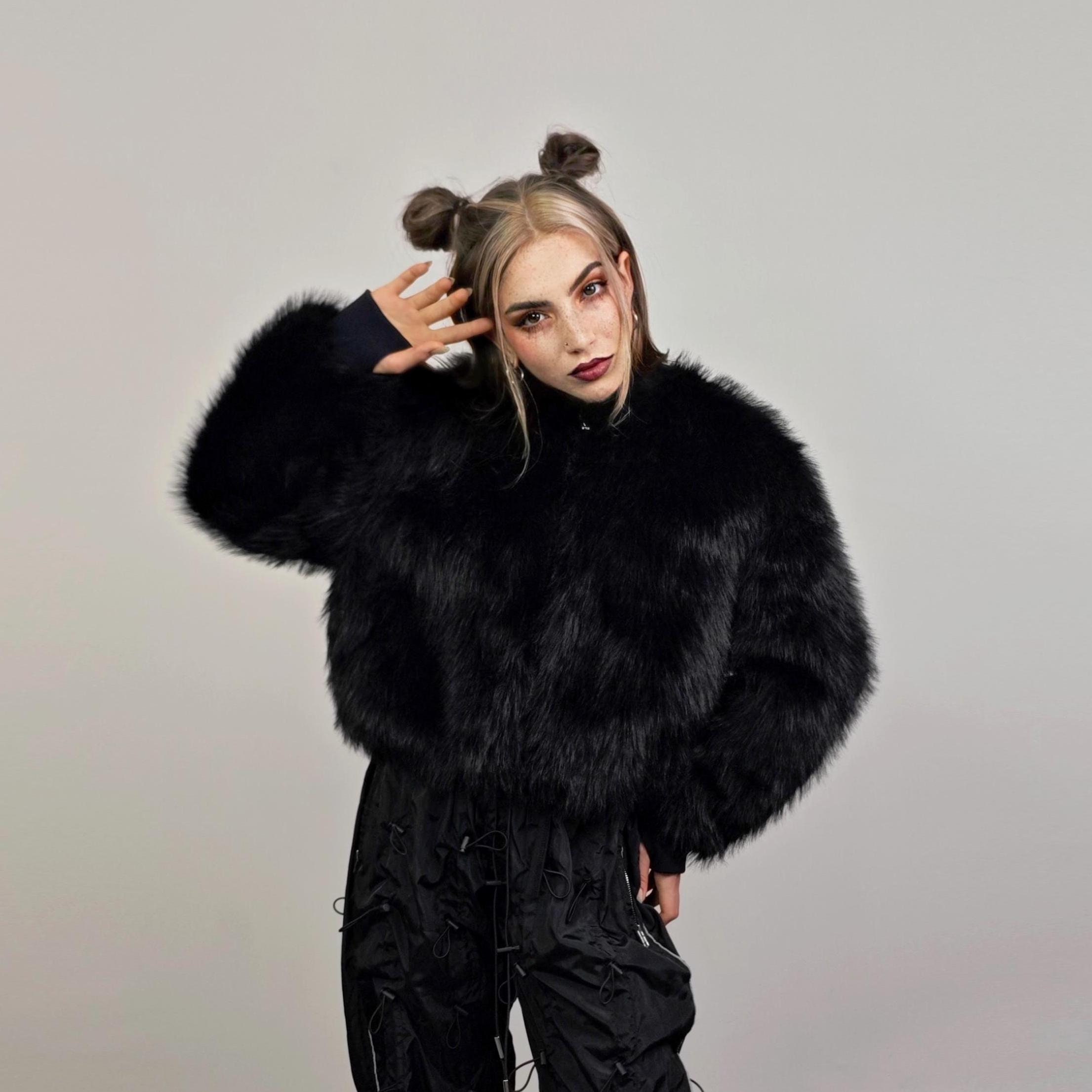 Black Faux Fur Bomber Short Fluffy College Bomber Cropped Varsity