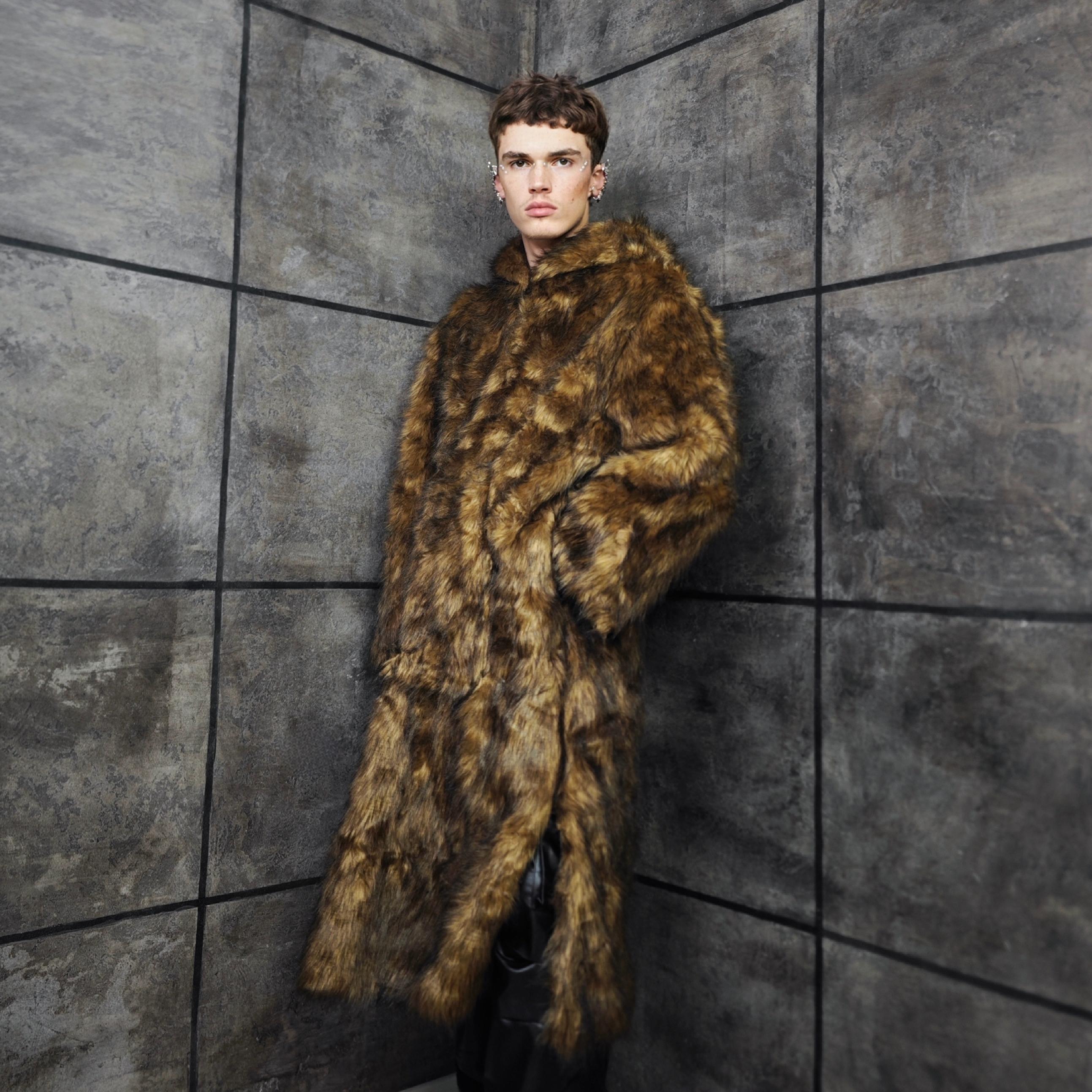 Shaggy Pink Yellow Faux Fur Jumpsuit Oversize Hooded Coat, Fluffy