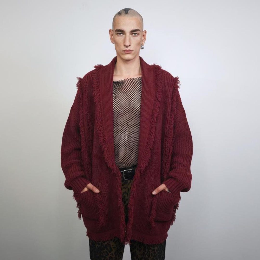 トップス bernings sho cardigan damage destroy Burgundy Distressed Open Front Cardigan, Shredded Wine Red Knit