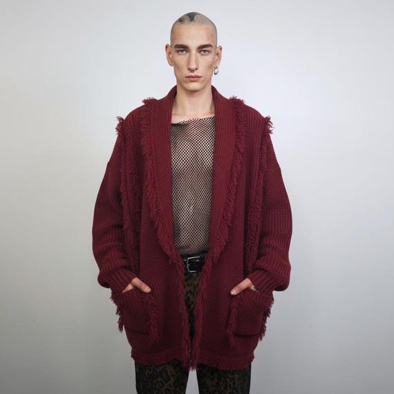 Burgundy Distressed Open Front Cardigan, Shredded Wine Red Knit
