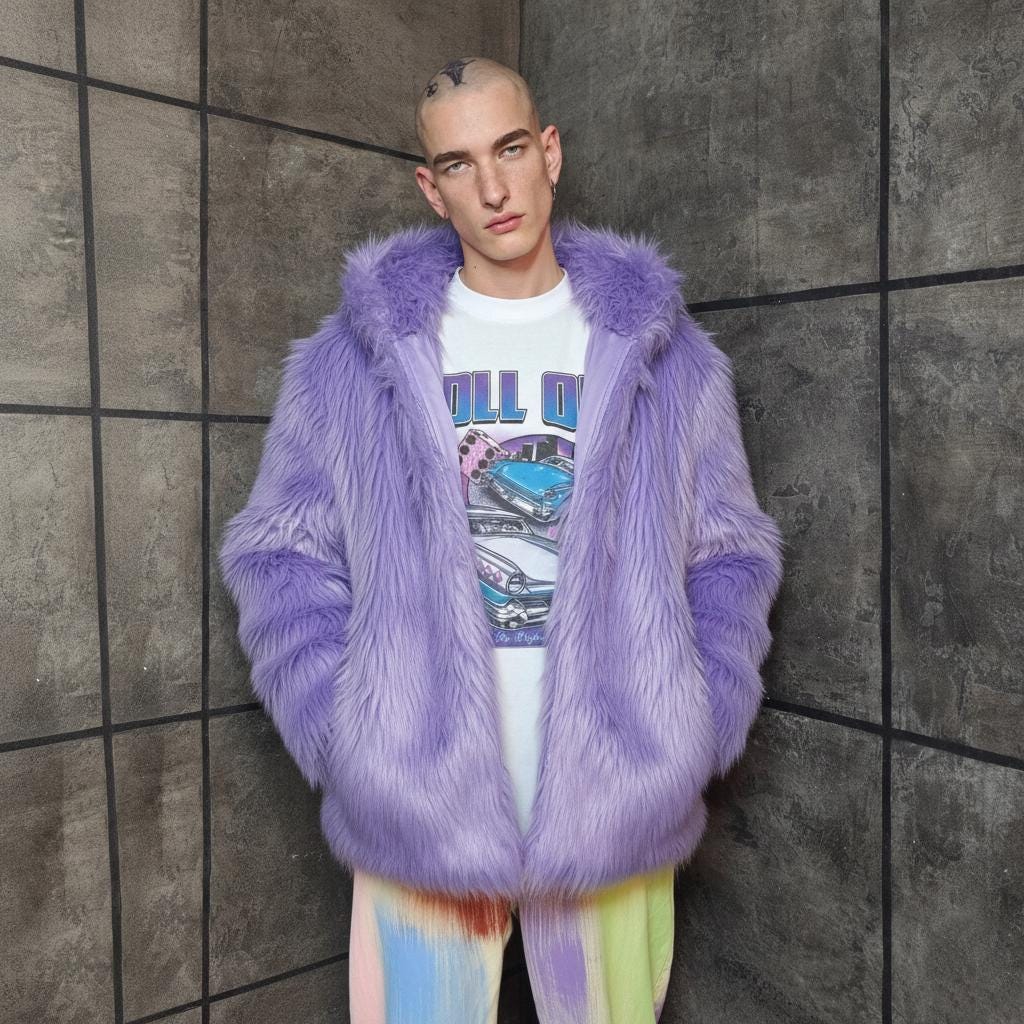 Luminous Lilac Haze Faux Fur Coat, Shaggy Hooded Rave Jacket