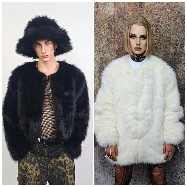 May include: Two images side-by-side. The left image shows a person wearing a black faux fur jacket and matching hat. The right image shows a person wearing a white faux fur jacket. Both jackets have a round collar.