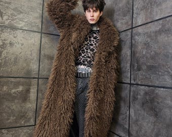 Brown Shaggy Faux Fur Jacket, Short Mongolian Style Coat, Y2K