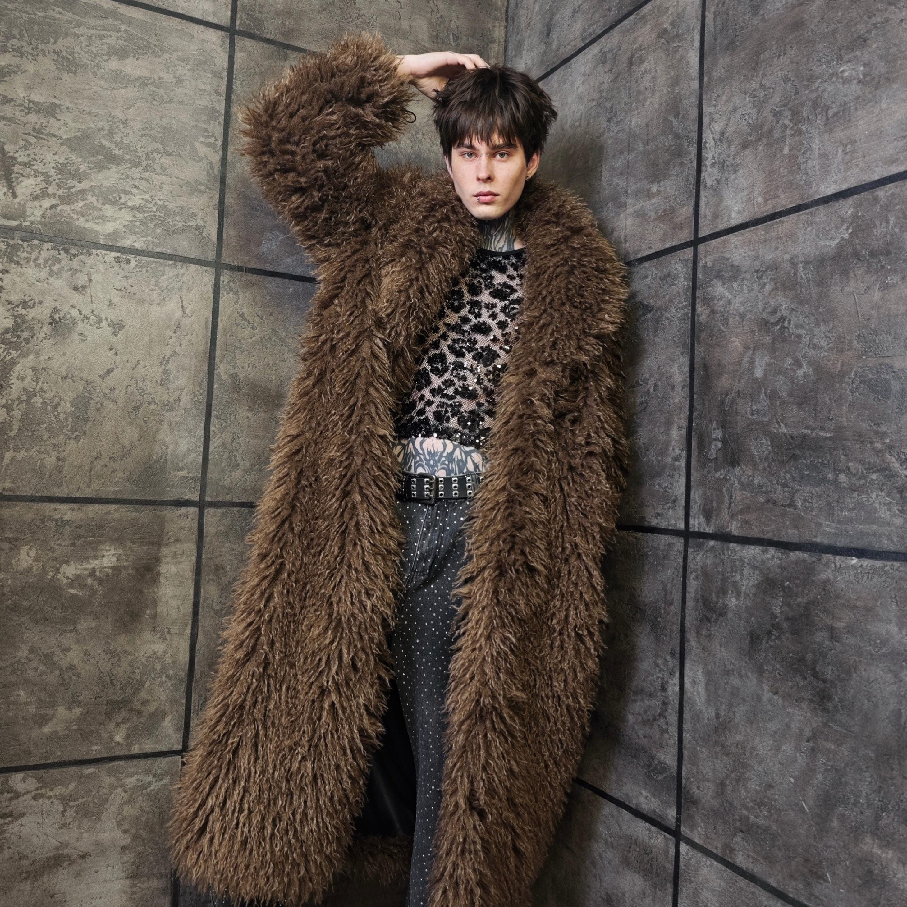 Brown Shaggy Faux Fur Duster, Floor Length Alpaca Style Yeti Coat Brown Shaggy Faux Fur Duster, Floor Length Alpaca Style Yeti Coat