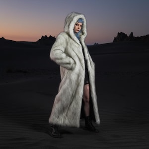 May include: A long, hooded faux fur coat in shades of gray and white. The coat has a full length and a relaxed fit, with pockets. The model is wearing black boots. The background is a dark landscape with a sunset.