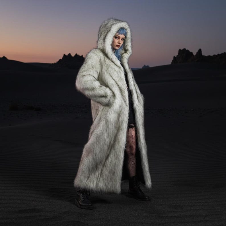 May include: A long, hooded faux fur coat in shades of gray and white. The coat has a full length and a relaxed fit, with pockets. The model is wearing black boots. The background is a dark landscape with a sunset.