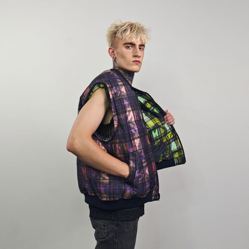 Tie-dye Check Bomber Green Brat Jacket Raver Reversible College Varsity ...