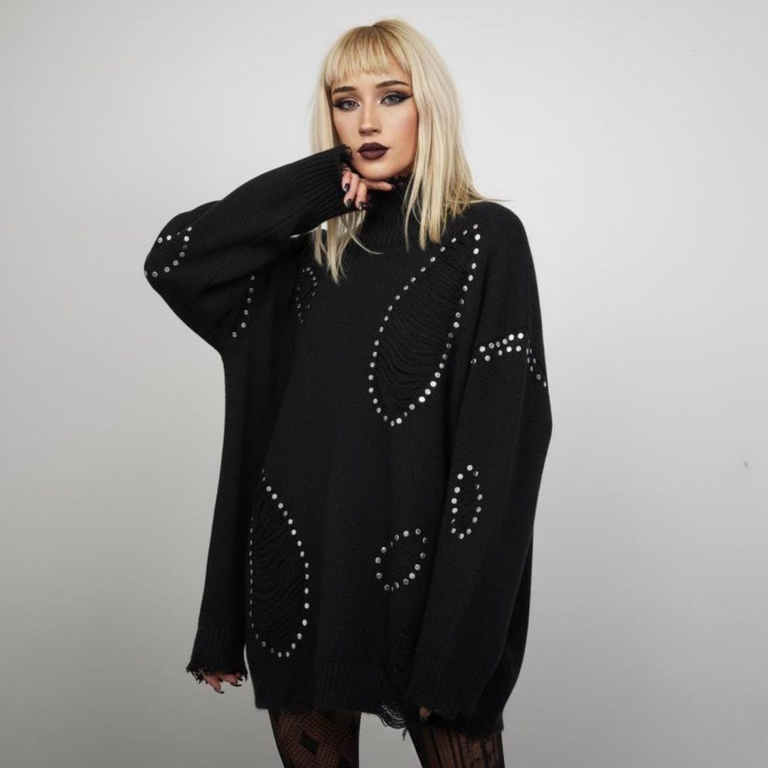 Black Oversize Studded Ripped Turtleneck Sweater, Unisex Shredded Knit ...