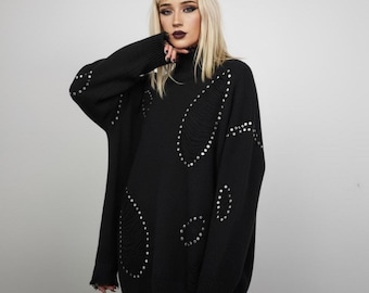 Black Oversize Studded Ripped Turtleneck Sweater, Unisex Shredded Knit Jumper, Goth Punk Distressed Alt Clothing