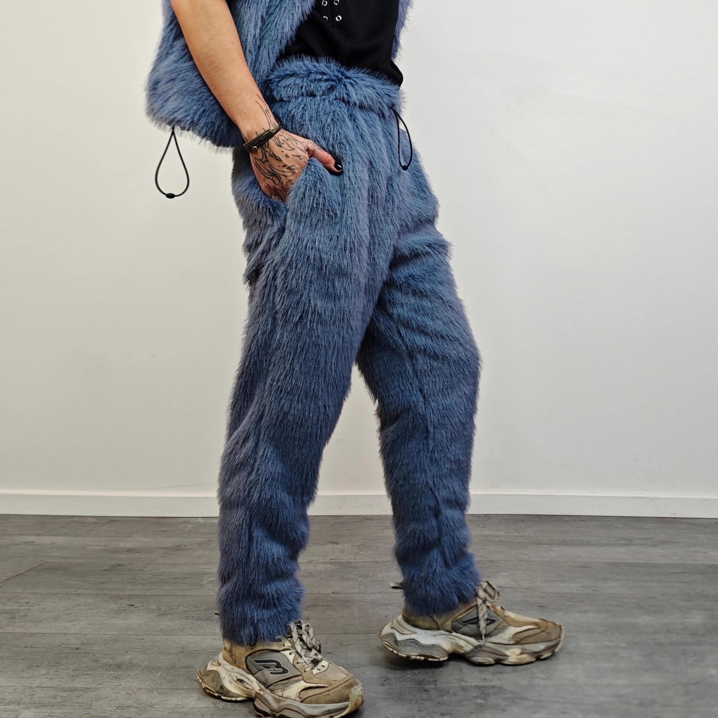 Blue Faux Fur Joggers Ski Pants Shaggy Trousers Mountain Trip