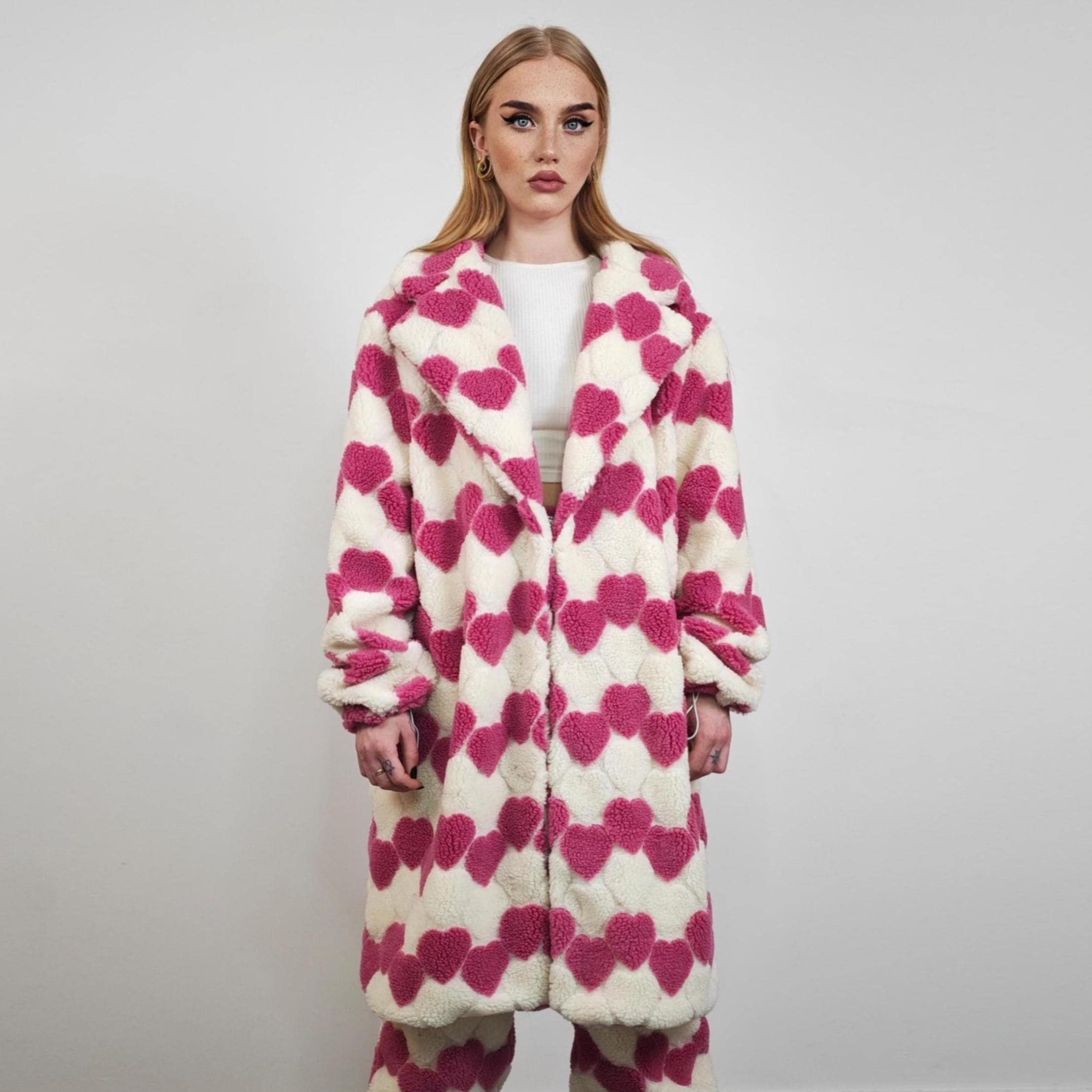 Heart Fleece Coat Pink, Long Hooded Love Pattern Jacket, Cream