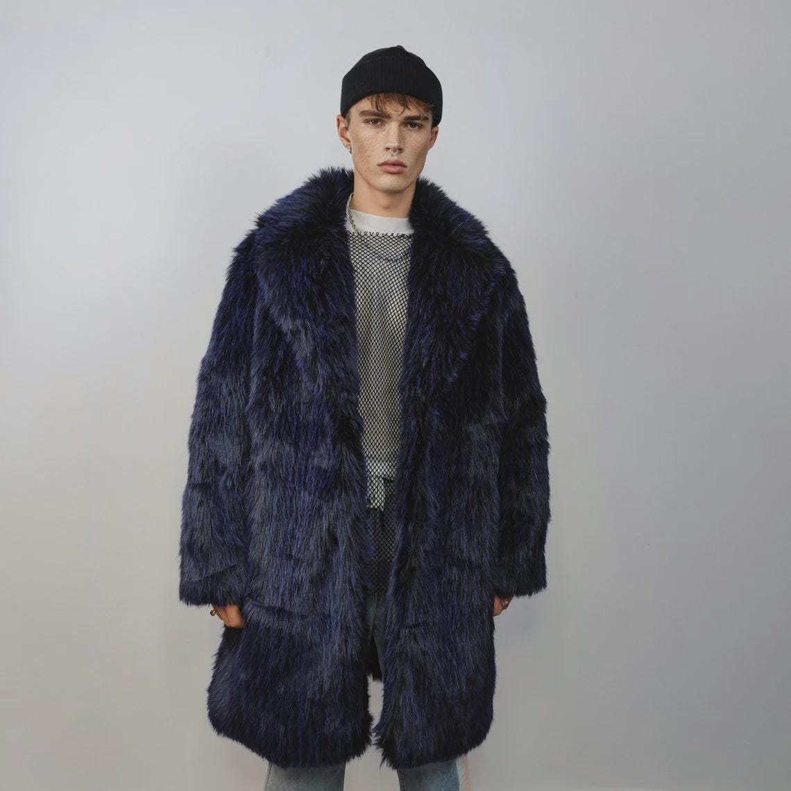 Shaggy Faux Fur Long Coat, Blue Luxury Fuzzy Trench, Luminous