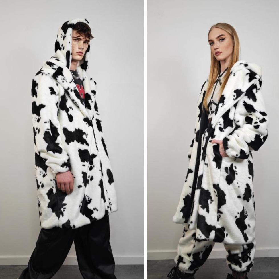 Cow Print Faux Fur Trench Coat, Structured Collar Mod Overcoat