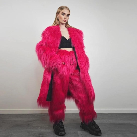 Shaggy Long Pink Coat Neon Festival Trench Fuzzy Faux Fur Burner