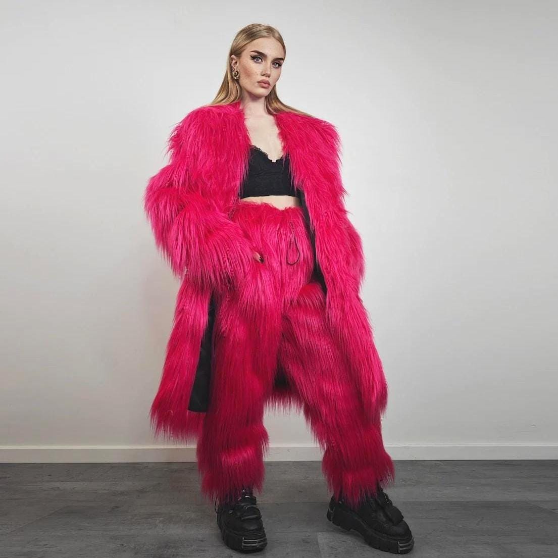 Shaggy Long Pink Coat Neon Festival Trench Fuzzy Faux Fur Burner