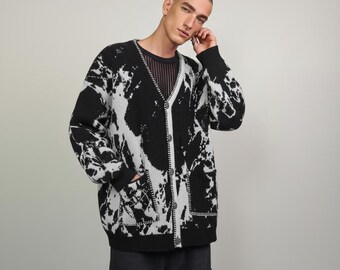 Abstract Pattern Cardigan, Grunge Bleach Dye Sweater, Unisex Alt
