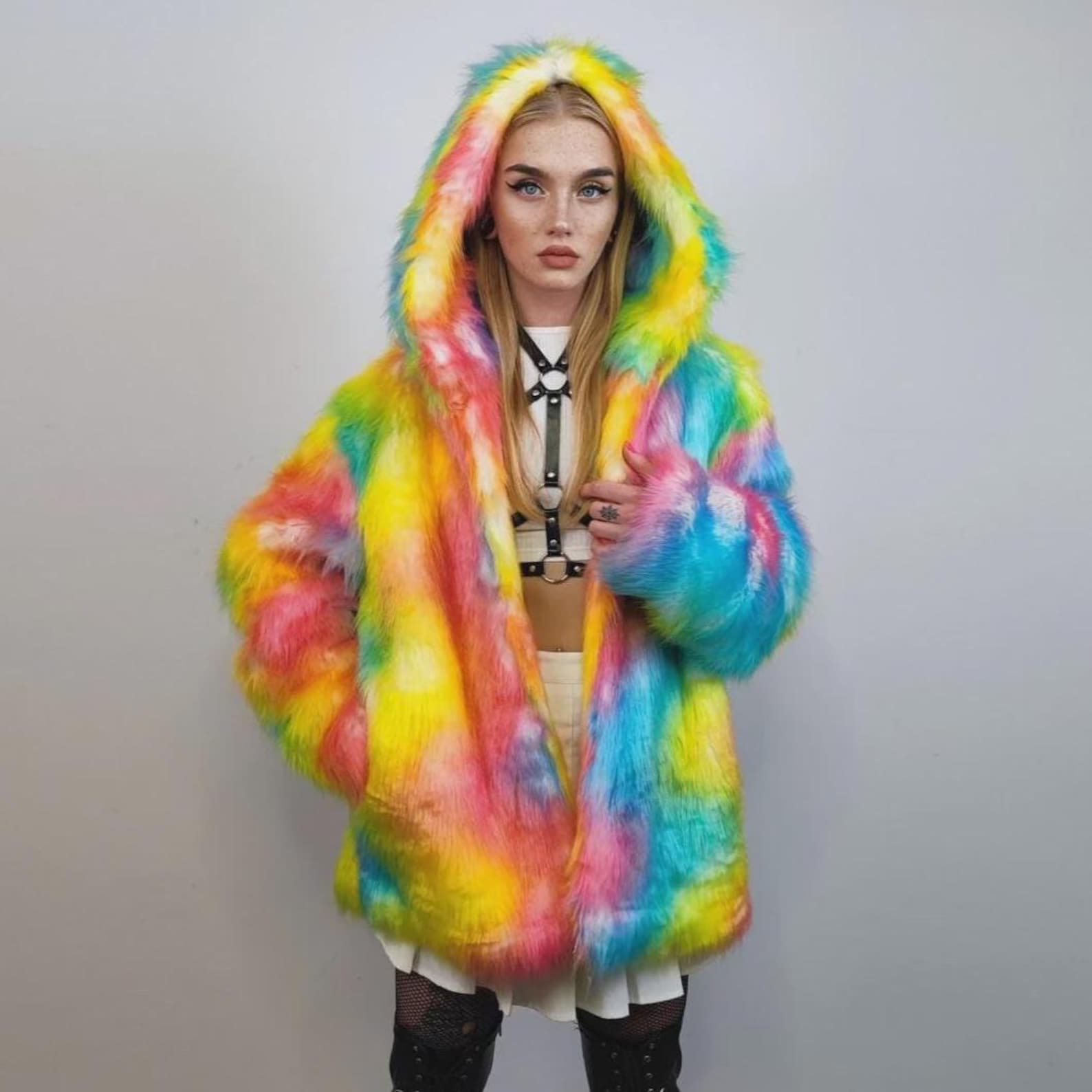Rainbow Faux Fur Long Coat, Neon Tie-dye Trench, Psychedelic Raver ...