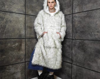 Off White Faux Fur Anorak, Extra Long Yeti Parka, Shaggy Half-zip