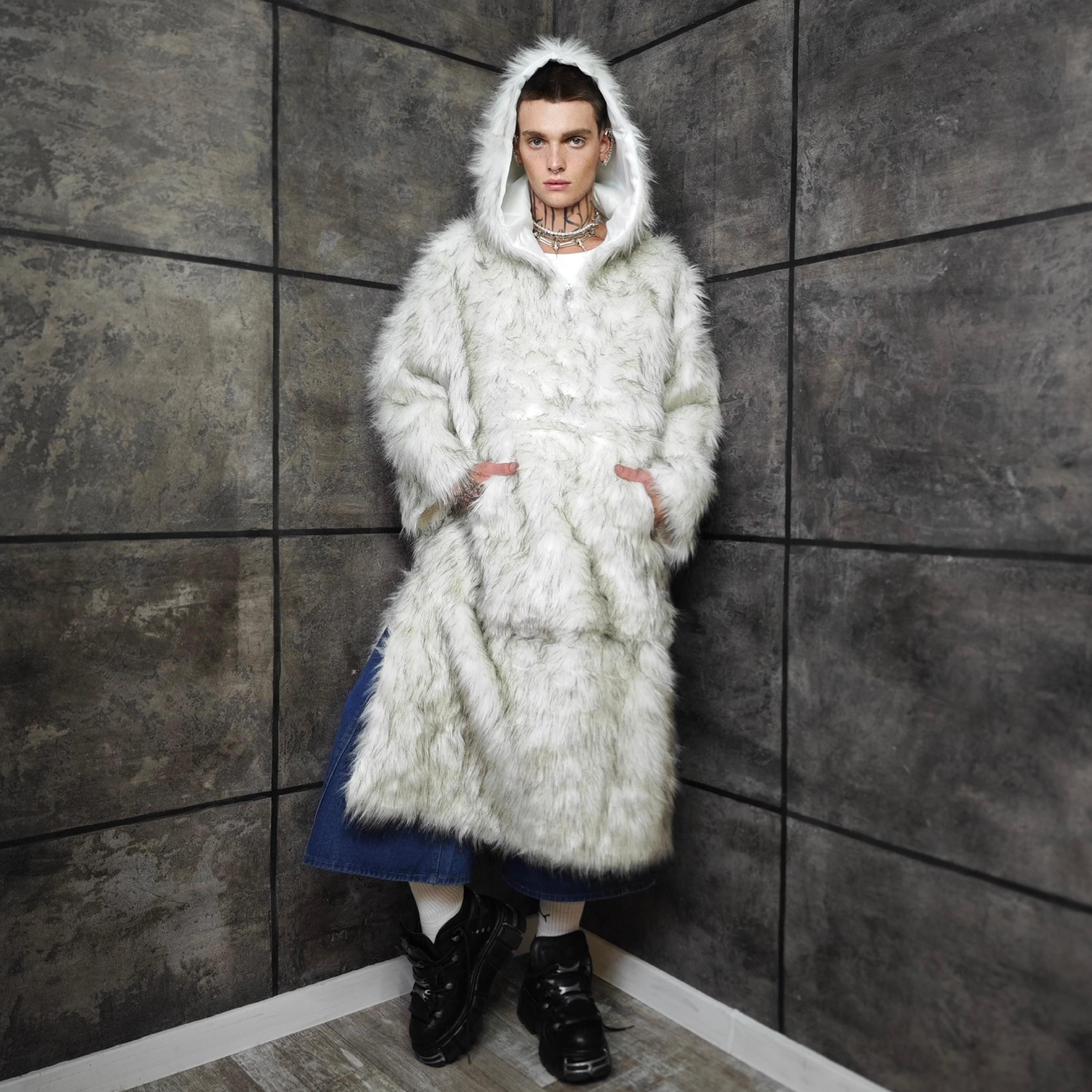 Faux Fur Anorak off White Extra Long Shaggy Yeti Parka Half-zip