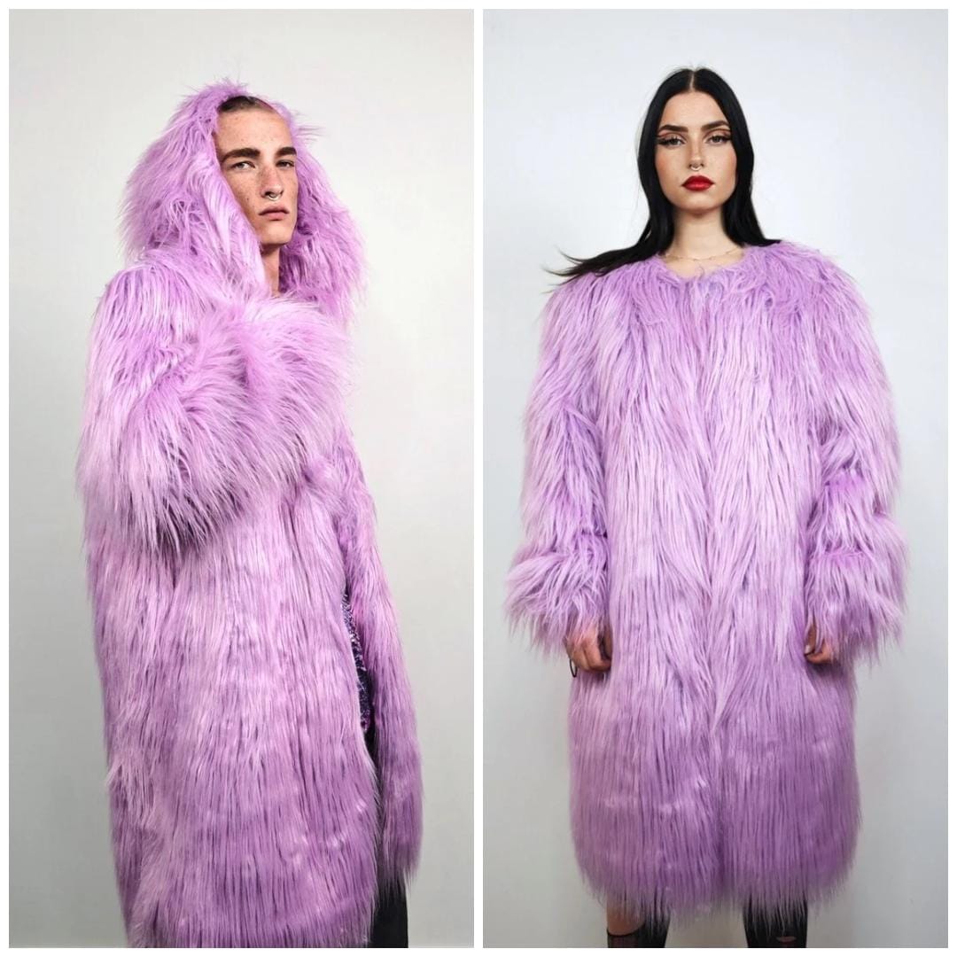 Shaggy Faux Fur Coat Purple Neon Fluffy Collarless Lilac Jacket
