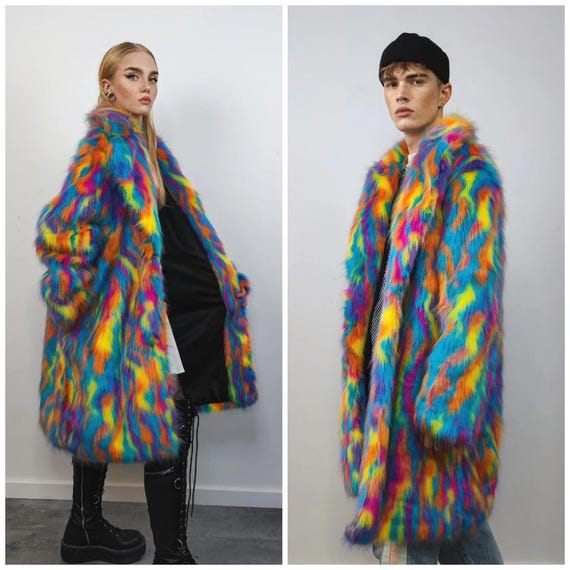 Psychedelic Faux Fur Hoodie 70s Jacket Neon Rave Bomber Fluffy Tie