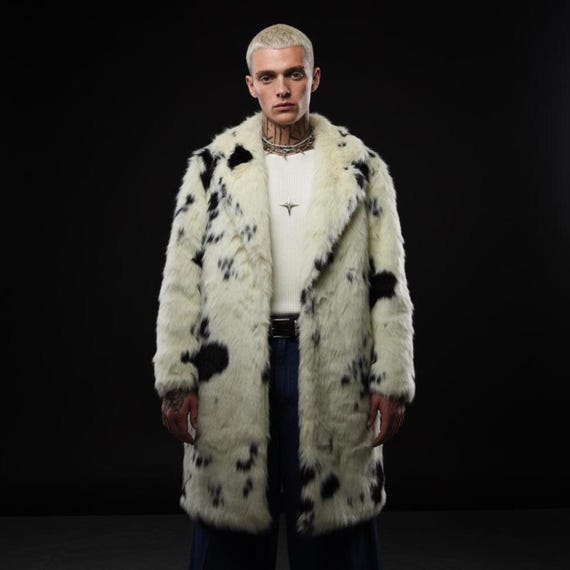 Dalmatian Print Faux Fur Coat Black White Spotted Trench Luxury