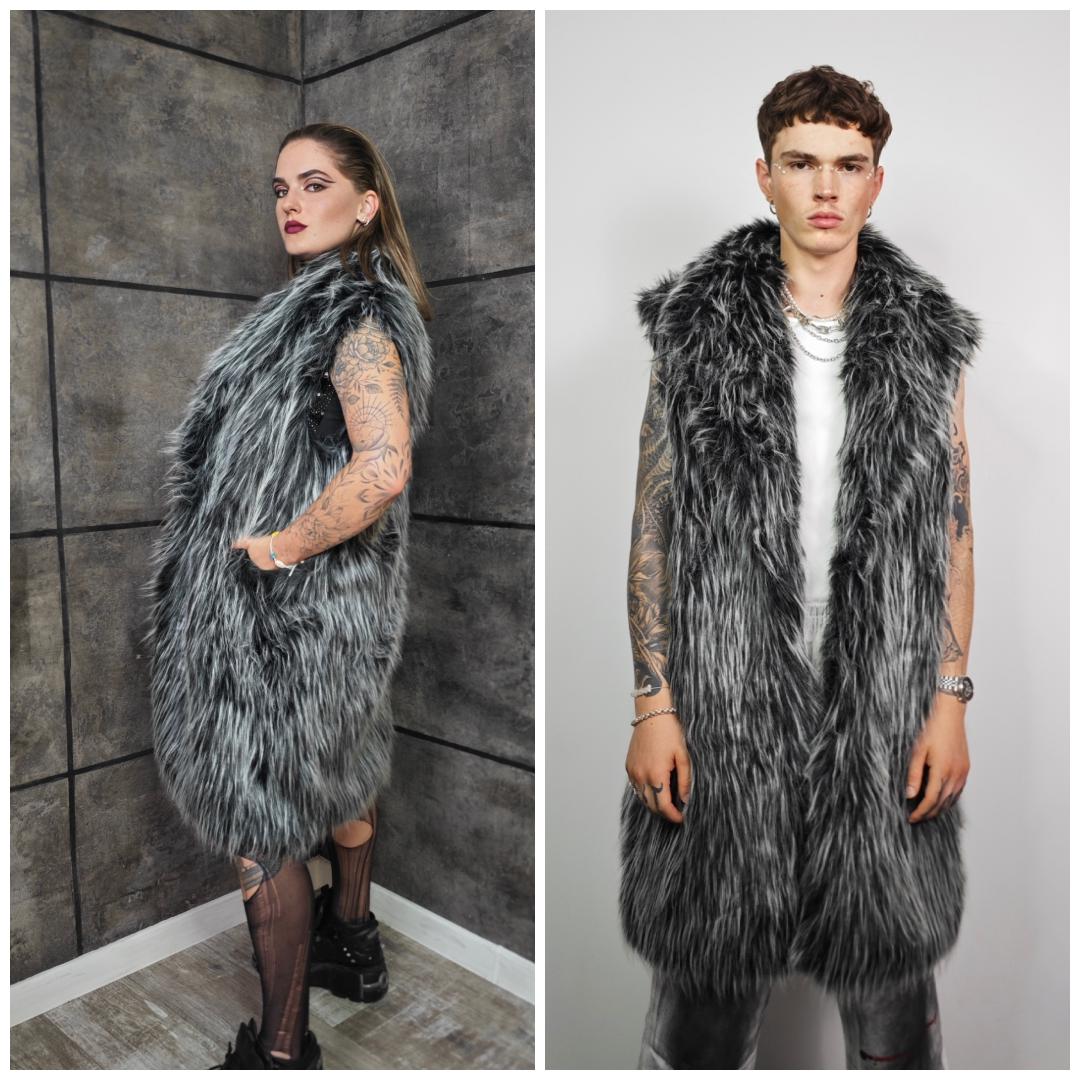 Luxury Shaggy Faux Fur Coat Black White Oversize Fuzzy Trench