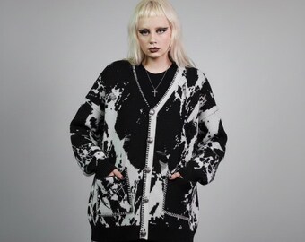 Abstract Pattern Cardigan, Grunge Bleach Dye Sweater, Unisex Alt