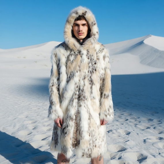 Desert Festival Faux Fur Coat, Snow Leopard Print, Hooded Long