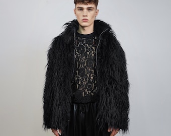 Shaggy faux fur jacket black long hair fluffy going out bomber party fleece fancy dress peacoat high fashion fuzzy Gothic coat rave puffer