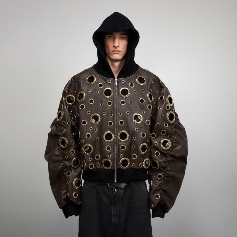 Hollowed Metal Cutout Faux Leather Jacket, Oversize Baggy Punk